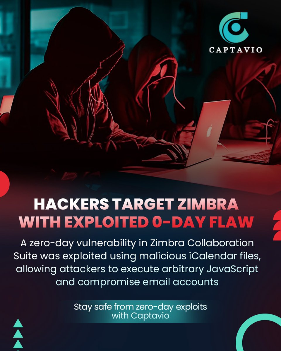 Captaviotech's tweet photo. hatGPT said:

Cyber Alert! Hackers exploit a 0-day flaw in Zimbra using malicious iCalendar files. Protect your business from zero-day threats with Captavio’s advanced cybersecurity solutions. 📞 +44 (0) 208 059 3637 📧 info@captavio.com #CyberSecurity #ZeroDayAttack https://t.co/3trZWWQHlw