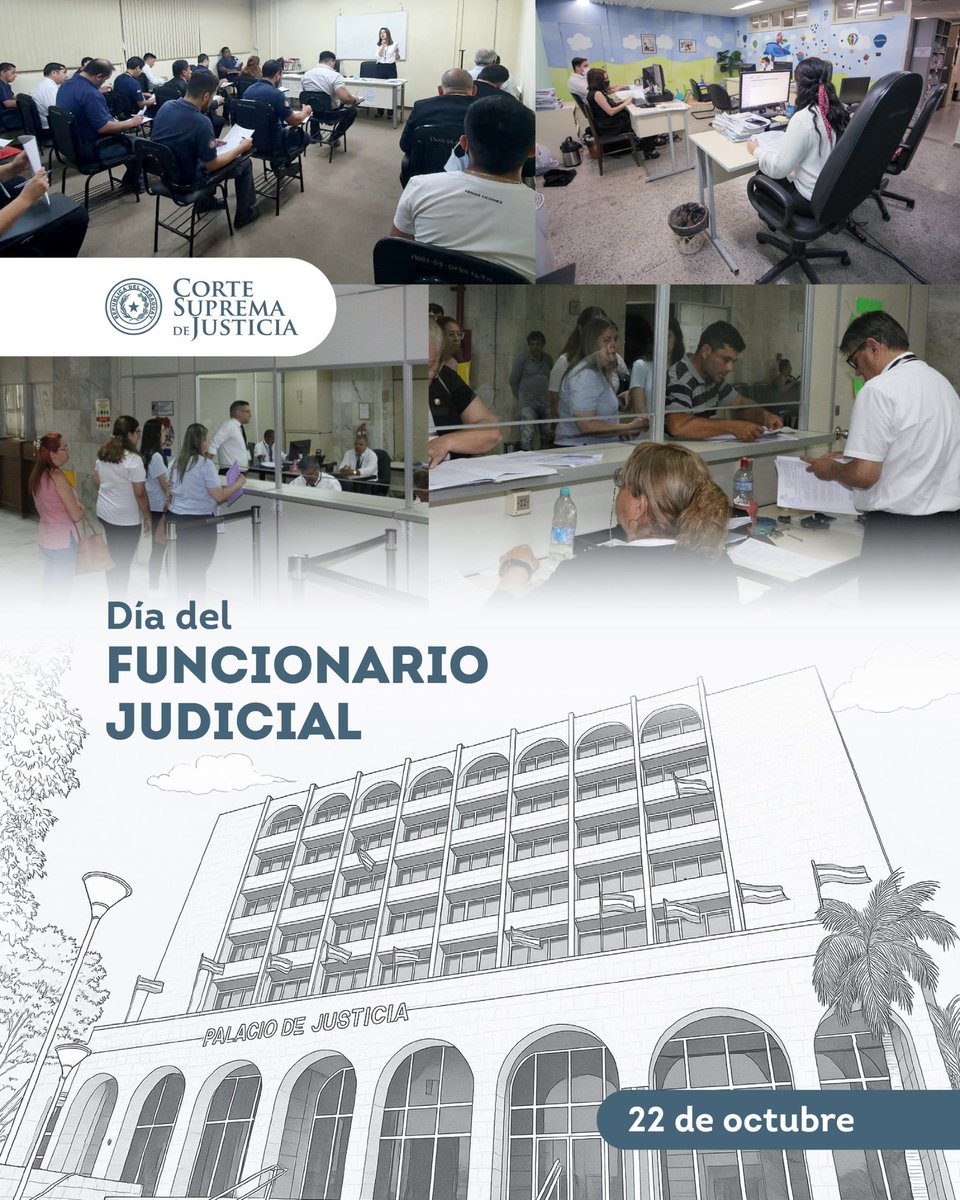 PoderJudicialPY's tweet image. #DíaDelFuncionarioJudicial⚖ – 22 de octubre
🔴La Corte Suprema de Justicia reconoce el esfuerzo y la dedicación de todos los funcionarios judiciales, quienes con su trabajo diario buscan garantizar una administración de justicia eficiente y transparente en nuestro país.…