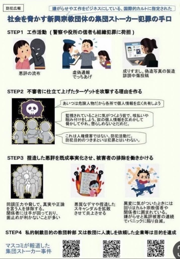 世論の力で撲滅しよう✊
実在する「集団ストーカー犯罪」
主に創価学会が実行犯になり防犯を装って24時間365日、無実の人を組織的（警察も加担）に監視・付き纏い・嫌がらせをし自死に追い詰めるとても悪質なテロ犯罪🚨
ストーカー犯罪は男女絡みだけではありません‼️
この犯罪を是非、調べて下さい‼️