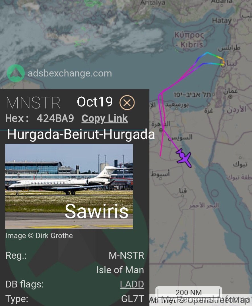 LebanonJets's tweet image. Naguib Sawiris' #MNSTR flew into Beirut from Hurghada &amp;amp; back on Sunday Oct19. Jet hides ID from tracking using LADD &amp;amp; last Lebanon visit was June3-4