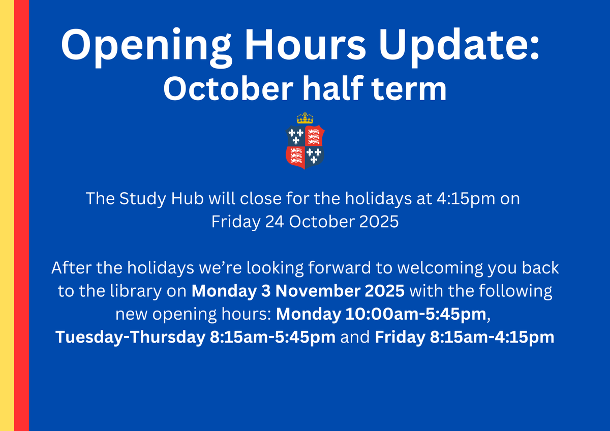 KingEdLib's tweet photo. 📢📚Please note a change to our opening hours in the Study Hub for October half term and the new library opening times for the library after the holidays.#kedst #YourLibrary 📚📢 https://t.co/GXDV8NNMqN