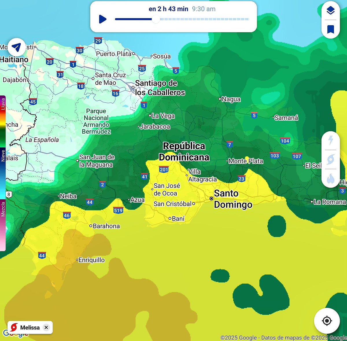 Osirisdleon's tweet photo. Durante las primeras horas de la mañana de hoy miércoles las lluvias de la tormenta Melissa se concentrarán en Pedernales, Oviedo, Juancho, Enriquillo, Paraíso, Polo, Barahona, Duvergé, Azua, Ocoa, Baní, SCristóbal, SDomingo, BChica, SPedro, VAltagracia, Bonao, y vecindades de estas localidades.