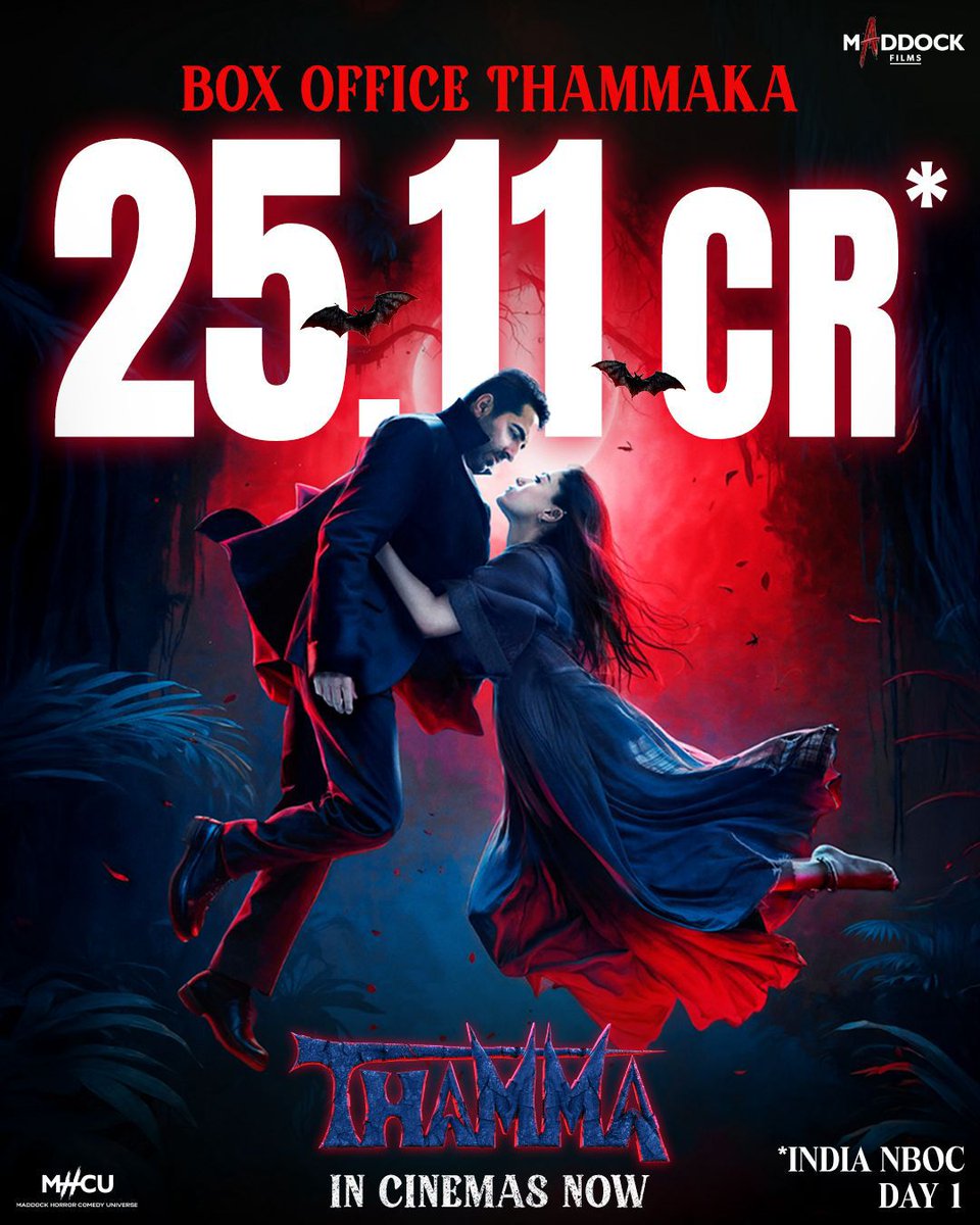 #Thamma   ROARS at the Box Office! 💥

<a href="/MaddockFilms/">Maddockfilms</a> delivers yet another crowd-pleaser as the film SMASHES past ₹25 CRORE on day one setting new records for #AyushmannKhurrana! 🌟

Backed by outstanding reviews, euphoric audience reactions, and a festive buzz, #Thamma is all