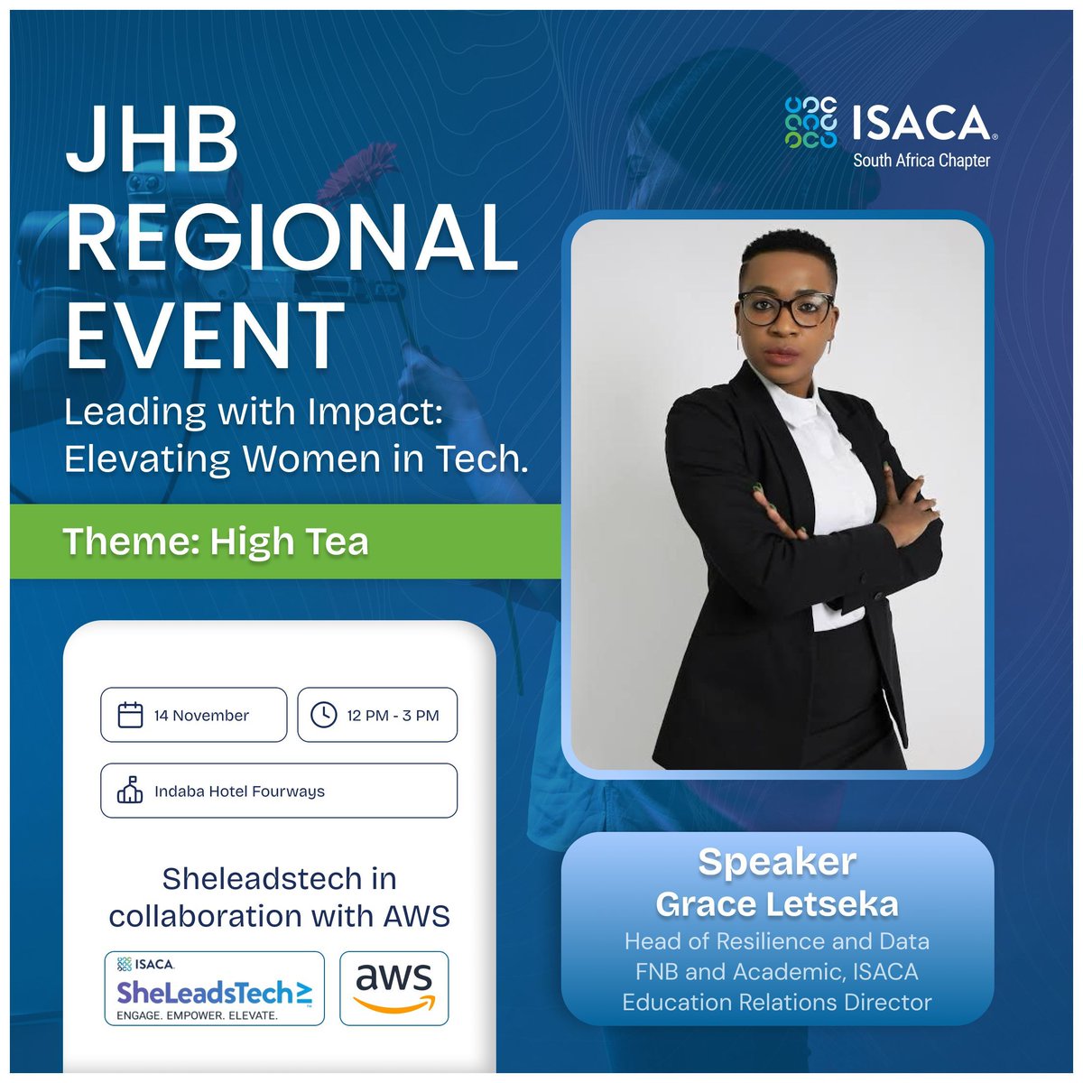Isacaza's tweet image. Speaker Reveal: Grace Letseka 🌟 

This ISACA SheLeadsTech event, proudly presented in collaboration with AWS, will gather professionals, leaders, and changemakers.

🎟️ Attendance is limited – RSVP essential
🔗 forms.office.com/r/8t2inme2Wk

#ISACAJoburg #SpeakerReveal #SheLeadsTech