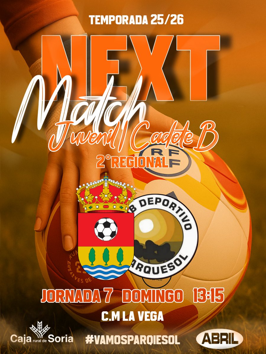 CD Parquesol (@cdparquesol) on Twitter photo 📢 ¡Jornada 7 para nuestras chicas del Juvenil/Cadete B femenino! 💪🧡
Este domingo a las 13:15, nuestras jugadoras se enfrentan a @clubdeportivounionarroyo en una nueva cita liguera llena de ilusión y ganas.
¡Vamos a por todas, equipo! 💥⚽
#VamosParquesol #CajaRuraldeSoria 📢 ¡Jornada 7 para nuestras chicas del Juvenil/Cadete B femenino! 💪🧡
Este domingo a las 13:15, nuestras jugadoras se enfrentan a @clubdeportivounionarroyo en una nueva cita liguera llena de ilusión y ganas.
¡Vamos a por todas, equipo! 💥⚽
#VamosParquesol #CajaRuraldeSoria