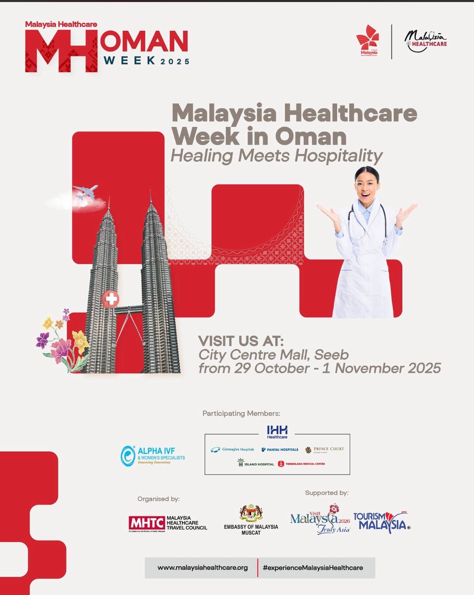 MYEmbMuscat's tweet image. 🇲🇾 Malaysia Healthcare Week Returns to Oman! 🇴🇲

Join us at the Malaysia Healthcare Exhibition, featuring top medical providers  - IHH Healthcare, Prince Court Medical Centre, and Alpha IVF - bringing world-class care to Oman.

📍 City Centre Mall, Seeb
🗓️ 29 Oct – 1 Nov 2025