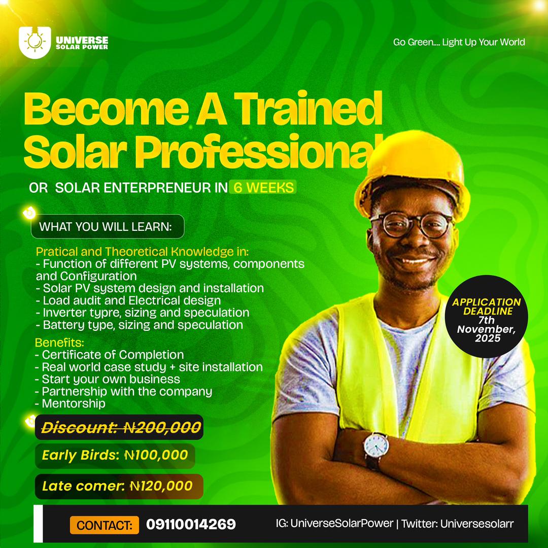 COHORT 3.0 SOLAR TRAINING HOLDING IN IBADAN THIS NOVEMBER (No experience needed)

Also suitable for Electrician/Technician.

Join the group via the link below for more update.
chat.whatsapp.com/EGVhKXE2kwxJbA…

PENGASSAN Chicken Republic Asher Haram Lakers  Analog ASUU Arsenal Big13