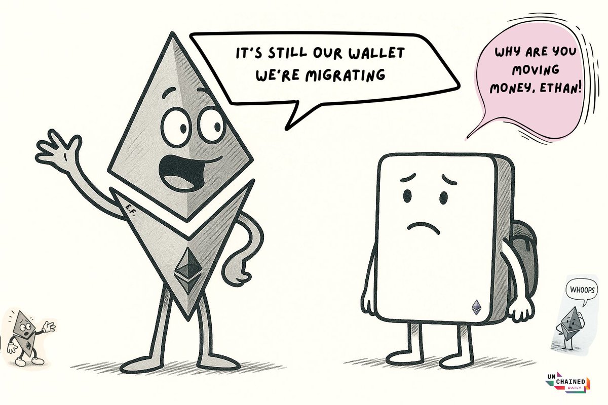 Cartoon meme of Ethereum diamond character saying 'It's still our wallet we're migrating' to a sad wallet character asking 'Why are you moving money, Ethan?'