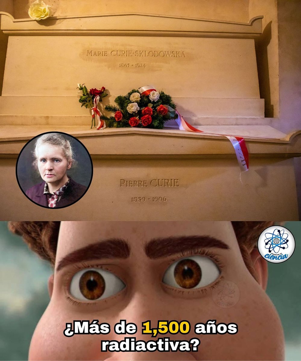 EnsedeCiencia's tweet photo. El cuerpo de Marie Curie descansa en el Panteón de París, junto a su esposo Pierre Curie. Pero a diferencia de los demás héroes de la ciencia, su tumba guarda un secreto peligroso: aún emite radiación. ⚛️

Marie descubrió el polonio y el radio sin protección, respiró, tocó y durmió cerca de sustancias que hoy solo se manipulan con trajes especiales.

Murió en 1934, víctima de esa misma energía que la inmortalizó en el legado de la ciencia y que la hizo ganadora de dos Premios Nobel ☢️ 
Por eso, su ataúd fue sellado con plomo, y se calcula que sus restos seguirán siendo radiactivos por más de 1,500 años.

💀☢️ Marie Curie: la mujer que sigue brillando… incluso después de la muerte.