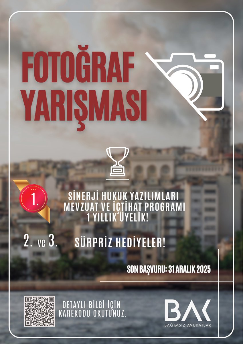 📸 “Avukatın Gözünden Hayat” Fotograf Yarışması Başvuruları Devam Ediyor!

İstanbul Barosu'na kayıtlı avukatların katılımına açık bu özel yarışmaya 1 (bir) adet fotoğrafla başvurabilirsin 🤳

• Tema: Avukatın Gözünden Hayat

🔴 Son Başvuru: 31 Aralık 2025

📩 Başvuru: