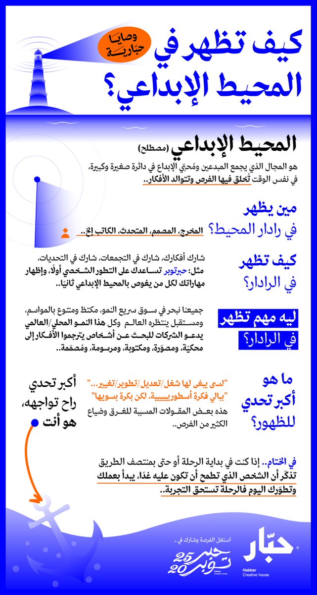 في المحيط الإبداعي، الرادار ما يشوف الكل!
يشوف اللي يشتغل، ويشارك، ويبادر ويرسل إشارة.

#وصايا_حبّارية للظهور في رادار الفرص والتطور.🦑🌊