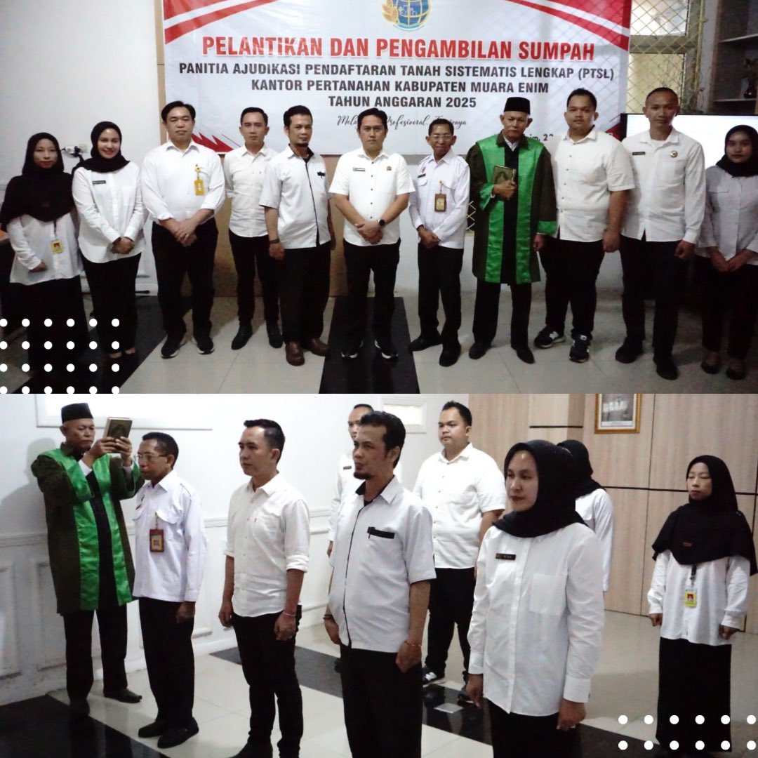 bpnmuaraenim's tweet photo. Hallo #SobATRBPN Pada Tanggal 22 Oktober 2025 bertempat di Ruang Rapat Kantor Pertanahan Kabupaten Muara Enim. Pegawai Kantor Pertanahan Kabupaten Muara Enim melaksanakan Pengambilan Sumpah Panitia Ajudikasi PTSL Tahun Anggaran 2025. #KementerianATRBPN #PTSL #ATRBPNMuaraEnim https://t.co/P8DDpze5L6