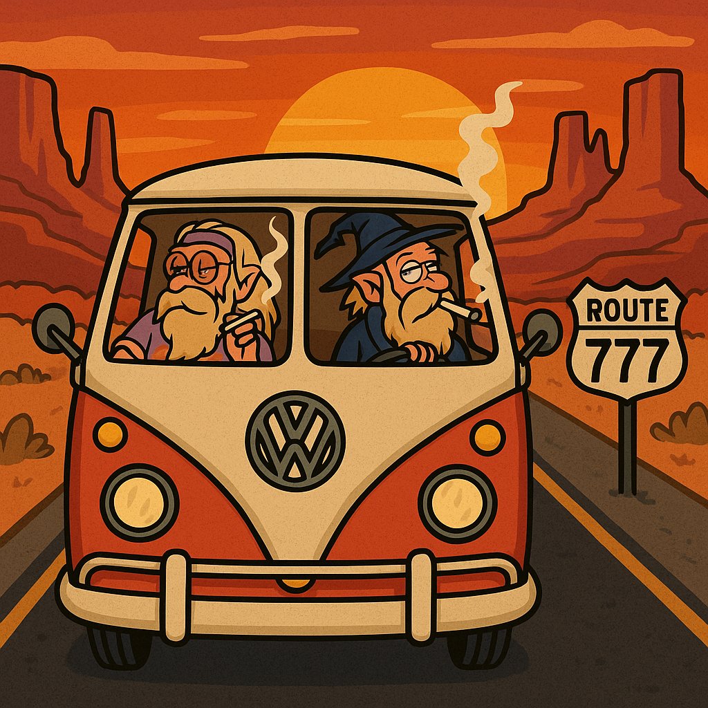 Dumbly_algo's tweet image. Dumbly whispered: “Hippie…” 🌿The card glowed, then a wild pull, a rush of wind, and everything blurred.
When he opened his eyes, he was inside a hippie van, somewhere in the USA, 1980s. 🚐☮️
To be continued Monday... Bluuurp 💫
🏆 Winners: @bubbly_moose_ @PrinceSalatex…