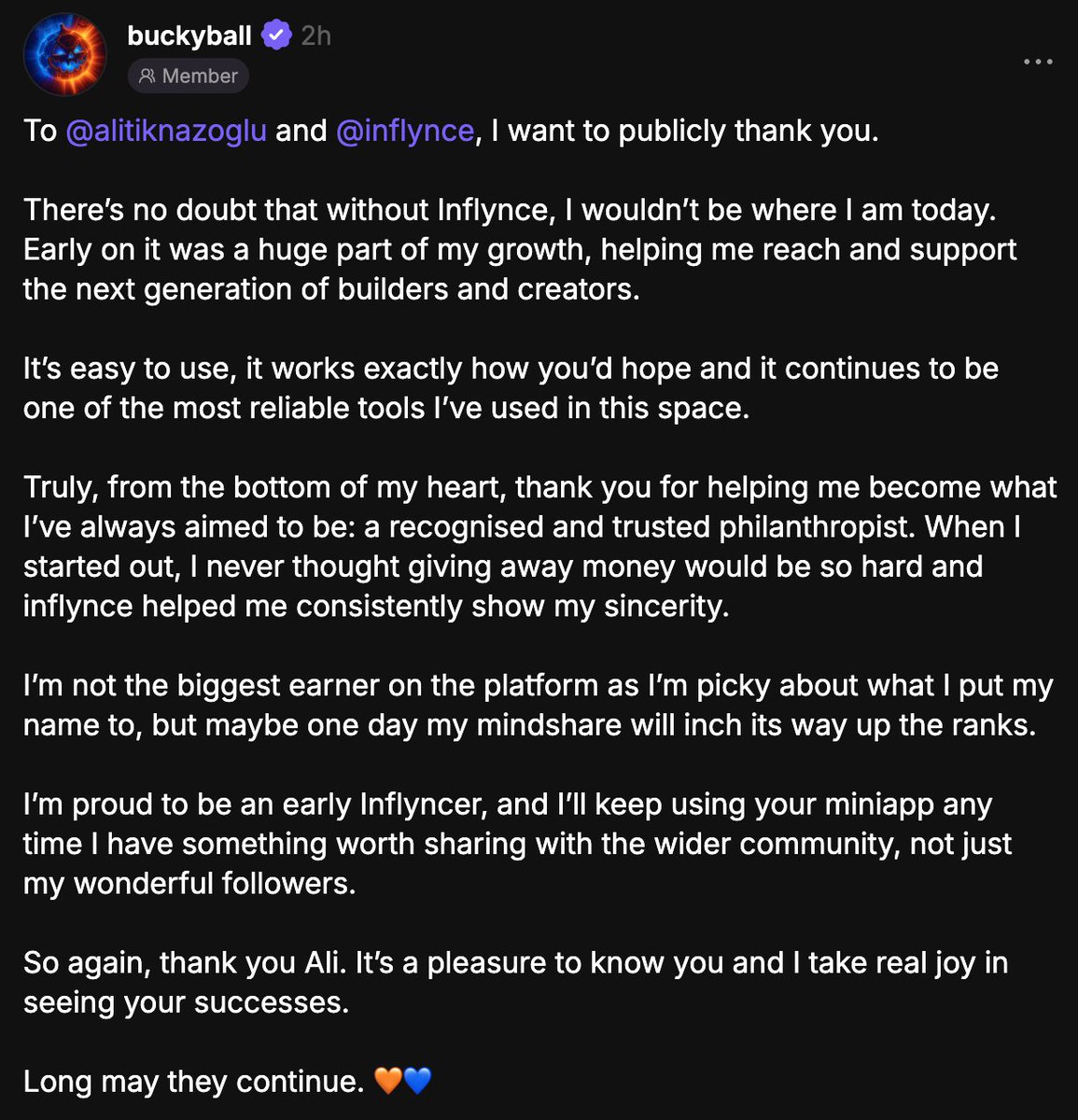 alitiknazoglu's tweet image. that&apos;s what @inflynce does 🟧

inflynce is a smart marketing protocol. we help founders &amp;amp; builders get social distribution they need while giving creators a way to monetize their existing attention on farcaster network. everything runs through our mindshare score, which measures…