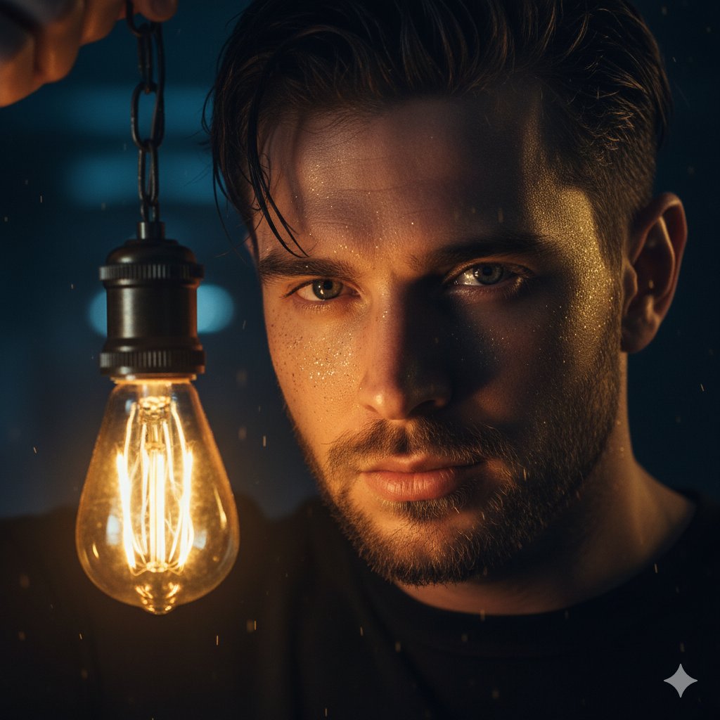 imsofiaijaz's tweet image. Lost in the glow. The mysterious portrait captures an intense gaze and a captivating antique light. 

Google nano banana 👇 :

Close-up portrait of a man same in image with wet, dark hair, holding an antique glowing lightbulb on a metal chain. His gaze is direct and intense. The…