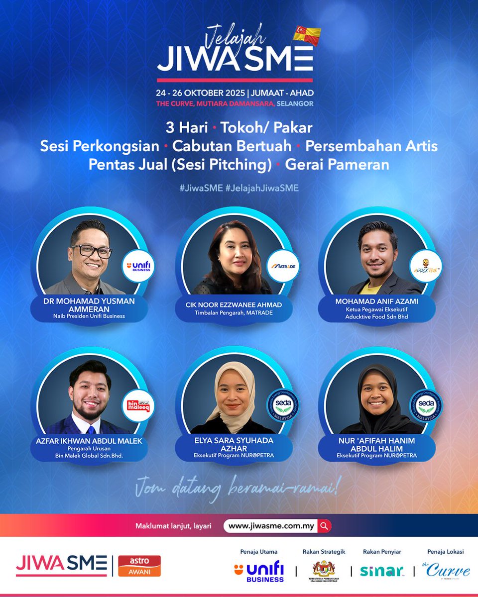 501Awani's tweet image. Raih inspirasi, tambah ilmu dan bina jaringan yang mampu mencipta langkah kejayaan anda di #JelajahJiwaSMESelangor

Terokai peluang baharu dalam acara yang menghimpunkan usahawan untuk berkongsi ilmu, strategi dan kisah kejayaan sebenar.

Antaranya ialah: 
- Penyedia penyelesaian…