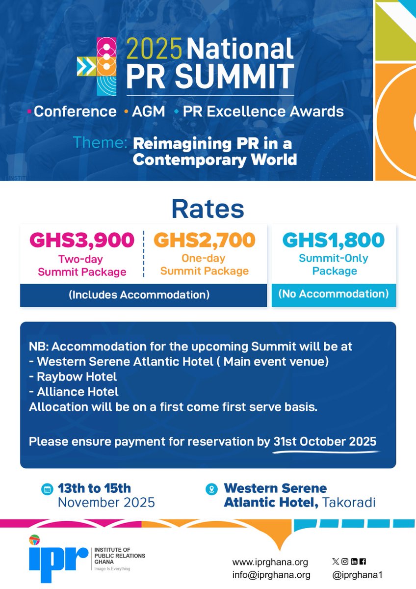 IPR Ghana goes to Taa’di! 

Nov 13–15 @ Western Serene Atlantic Hotel 
3 days of learning, networking &amp; celebration! 

Paper presentations, conversations, AGM, induction, beachside fun &amp; Awards

#PRExcellenceAwards!
#PRSummit2025 #ReimaginePR