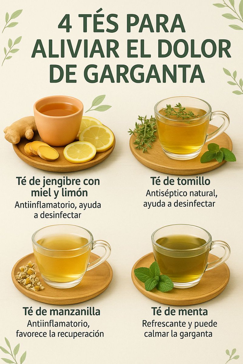 La mayoría corre a por pastillas al primer dolor de garganta…
pero a veces el alivio está en la cocina. ☕🌿
Guárdate esta imagen con 4 tés naturales que ayudan a calmar, desinfectar y acelerar la recuperación.
Pequeños hábitos = grandes resultados