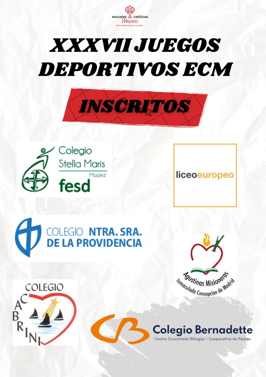 🔛​Arrancamos el último día de inscripciones para los XXXVII Juegos Deportivos de <a href="/ecatolicmadrid/">Escuelas Católicas Madrid</a> dando la bienvenida a seis colegios que ya tienen sus equipos inscritos:

✅<a href="/StellaFesd/">Stella Maris FESD</a>
✅<a href="/LiceoEuropeo/">Liceo Europeo</a>
✅<a href="/agustinasmad/">InmaculadaConcepción</a>
✅<a href="/ColegioCabrini/">COLEGIO CABRINI</a>
✅<a href="/ColBernadette/">Colegio Bernadette</a>
✅Colegio Ntra. Sra. de la