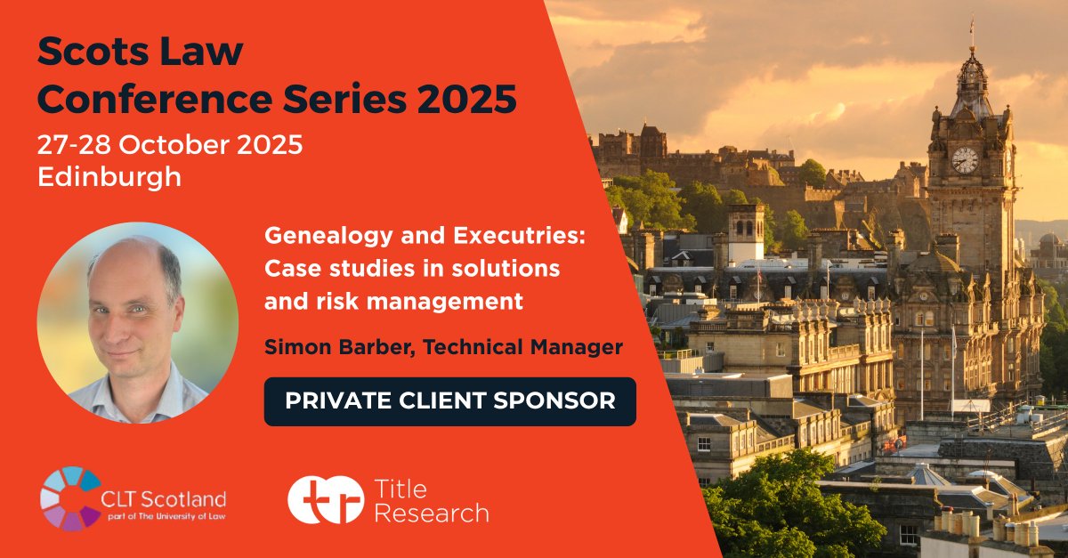 We’re excited to go to Edinburgh for <a href="/CLTScotland/">CLT Scotland</a> #ScotsLaw2025!🏴󠁧󠁢󠁳󠁣󠁴󠁿

As proud #PrivateClient sponsor, our Technical Manager will talk on "#GenealogyandExecutries: Case studies in solutions and risk management".⚖️

Say hi at the #TitleResearch stand!👋

🎟️ eu1.hubs.ly/H0p1Pt30