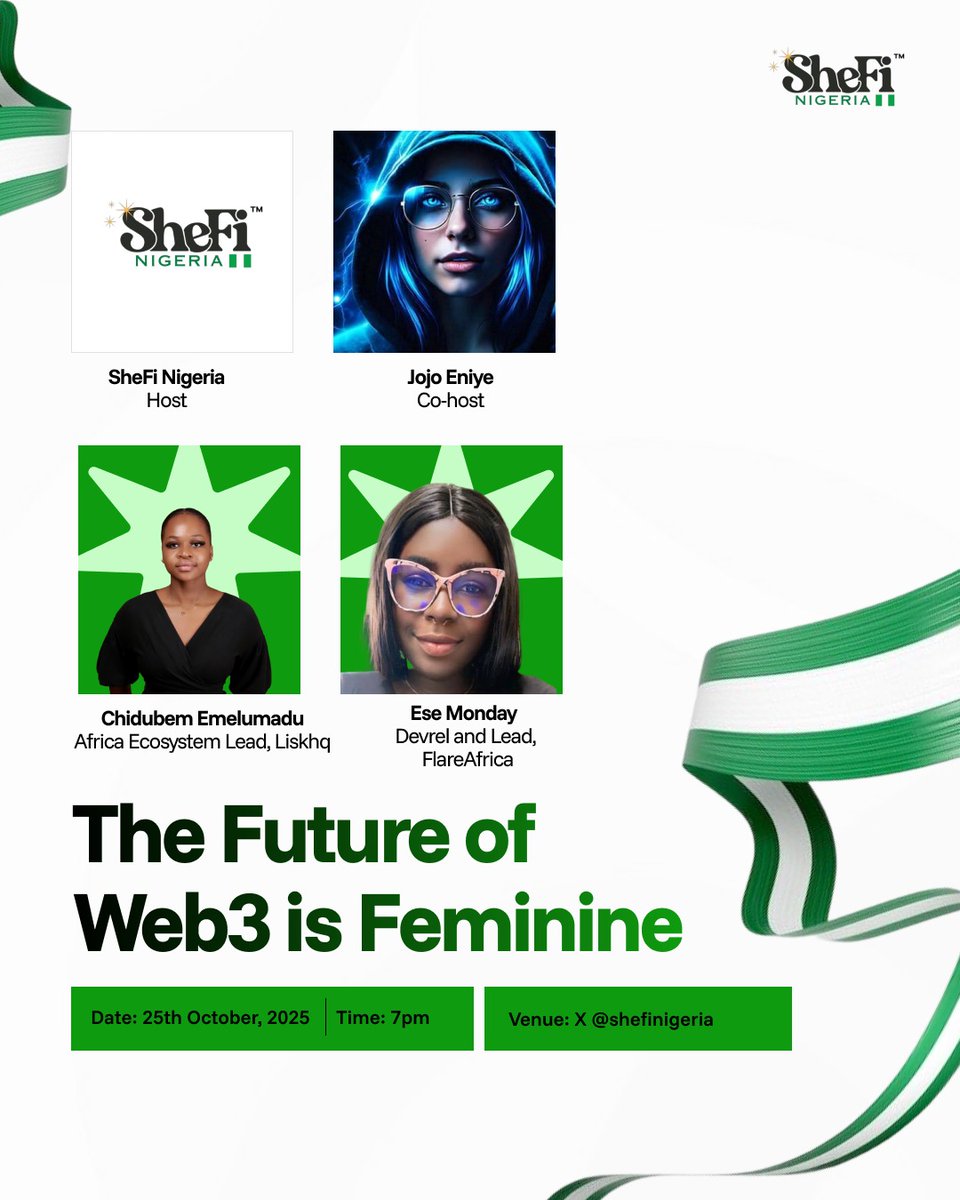 shefinigeria's tweet image. Drumroll 🥁
Ladies, bring it in.
We’re thrilled to announce that SheFi Nigeria is hosting its first-ever Twitter Space.
Theme: The Future of Web3 is Feminine🌸
Co-Host @jojo_Enyie
Speakers: @chiidubem & @EseMonday1
🗓️ October 25th, 2025
⏰ 7 PM WAT
