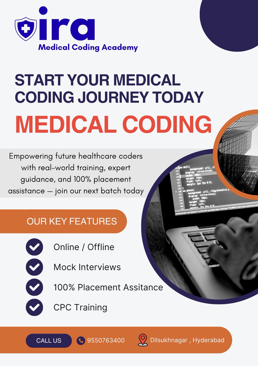 IraCoding's tweet image. ira medical coding academy 
Dilsukhnagar,Hyderabad
Call : 095507 63400
“Join the academy trusted by thousands of successful coders — your global career in medical coding starts with the right training.”
#MedicalCoding  
#MedicalCodingTraining  
#MedicalCodingJobs  
#Medical