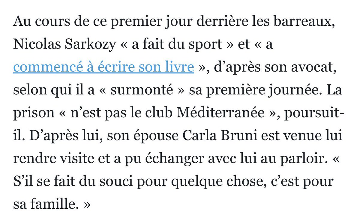 coryleguen's tweet photo. Pendant qu’un détenu lambda attend huit mois pour mettre un pied au sport et trois semaines pour apercevoir un proche au parloir, Sarkozy, lui, fait son petit footing dès le premier jour et reçoit sa femme comme s’il était à l’hôtel.

La prison version prenium. 🤡 https://t.co/2rjTbcATI3