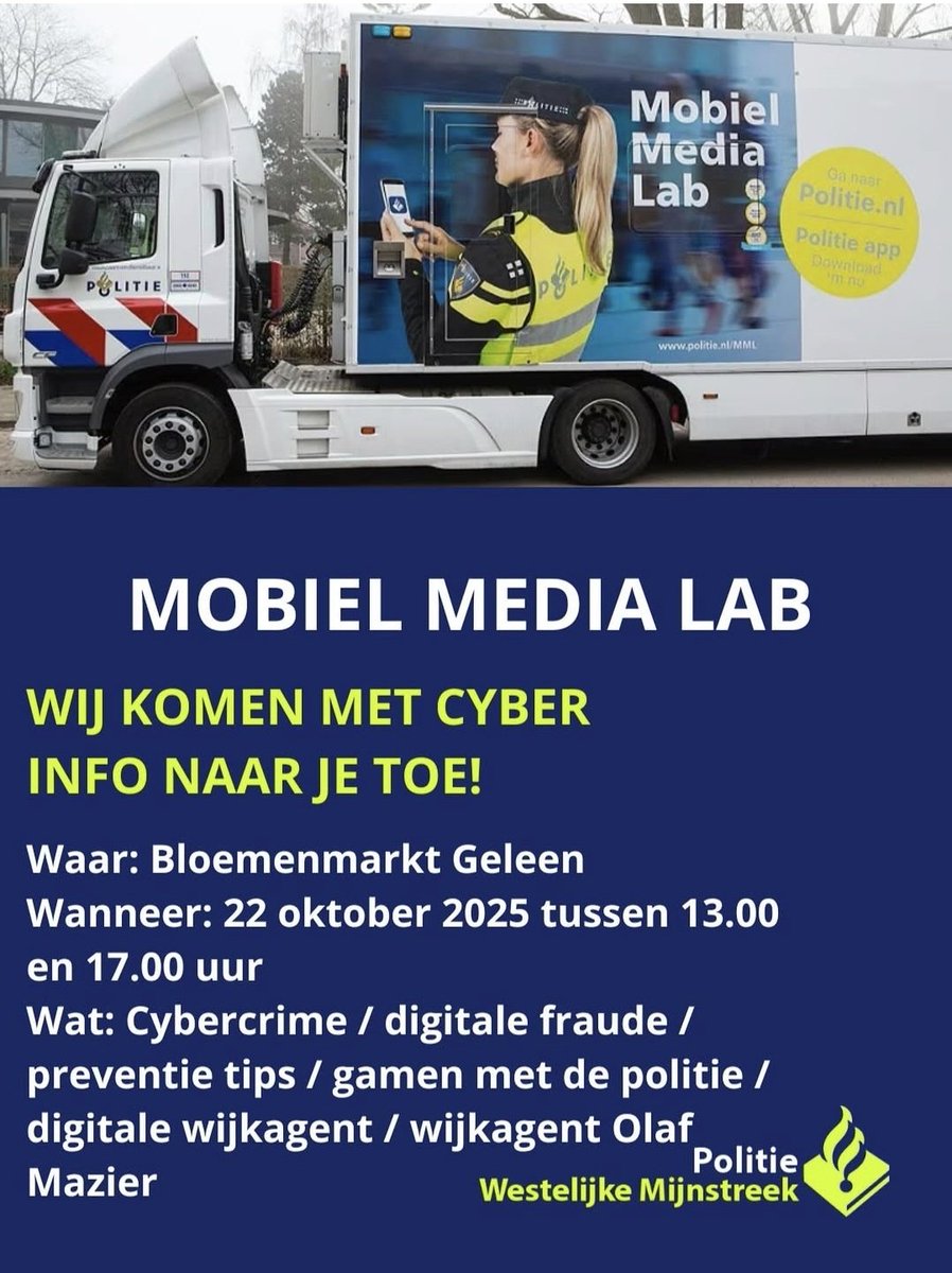 We staan nu op de Bloemenmarkt te #Geleen met ons Mobiel Media Lab. 
U bent van harte welkom tor 17.00 uur bij wijkagent Olaf Mazier