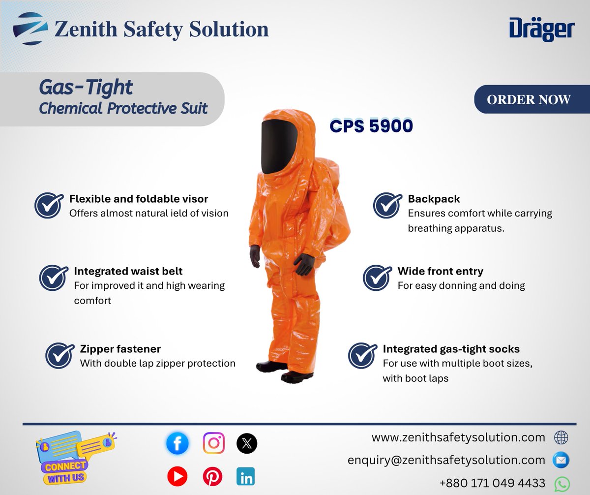 Zenith_SFTYSoln's tweet photo. 🛡️ Dräger CPS 5900: airtight protection vs 120+ hazards.

📞 Contact Us for Any Query
🌐 https://t.co/ogiOwlJKtN | ☎️ 01710-494433 | 📧 enquiry@zenithsafetysolution.com

#Dräger #CPS5900 #FireSafety #IndustrialSafety #ChemicalProtection #PostFireSafety #PPE #DhakaFire https://t.co/z5N92Geucn