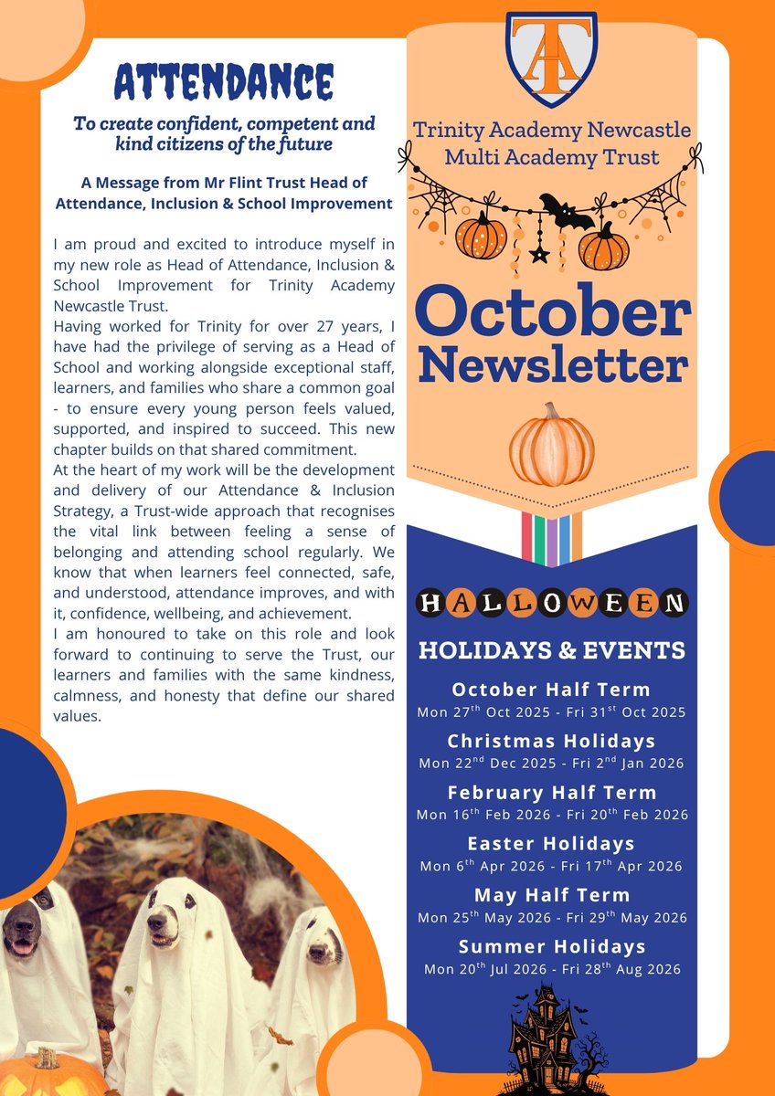 SolutionsNCL's tweet image. Be sure to check out this half terms newsletter! Our Trust will be closed on Fri the 24th for our staff training day, therefore we will break up as normal on Thursday the 23rd and will welcome all back on Mon 3rd of November, after a well deserved break!
solutions.tanmat.org/news-and-event…