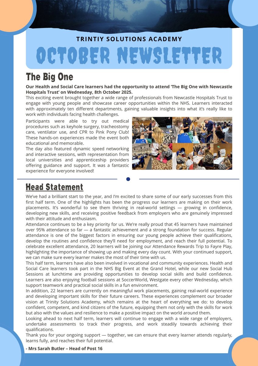 SolutionsNCL's tweet image. Be sure to check out this half terms newsletter! Our Trust will be closed on Fri the 24th for our staff training day, therefore we will break up as normal on Thursday the 23rd and will welcome all back on Mon 3rd of November, after a well deserved break!
solutions.tanmat.org/news-and-event…