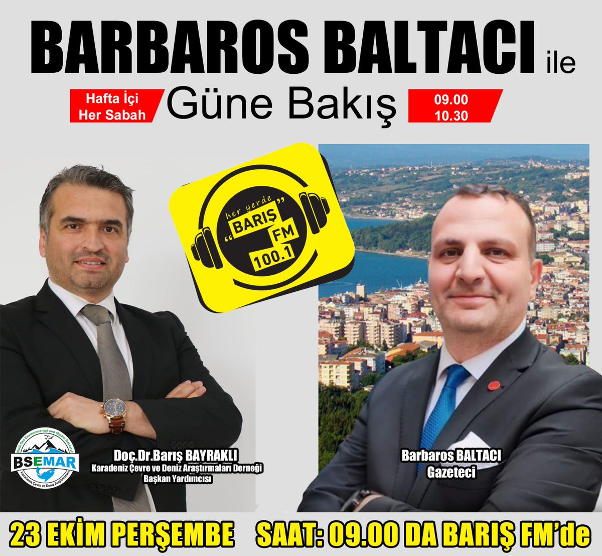 Yönetiminde bulunduğum Karadeniz Çevre ve Deniz Araştırmaları Derneğinin (BSEMAR) misyon ve vizyonunu anlatmak, Dernek faaliyetlerinden bahsetmek amacıyla; SİNOP'un en çok dinlenen Radyosu BARIŞ FM deki Güne Bakış programında Sn Barbaros Baltacı nın konuğu olacağım.