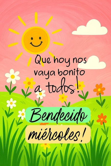 A vibrant pink background features a large smiling yellow sun with a happy face positioned in the upper center, accompanied by a few white clouds. Below the sun, a green grassy field displays various colorful flowers including white, yellow, and orange blooms with green stems and leaves. Handwritten-style text in black reads Que hoy nos vaya bonito a todos across the top, and Bendecido miércoles! in green text at the bottom center.