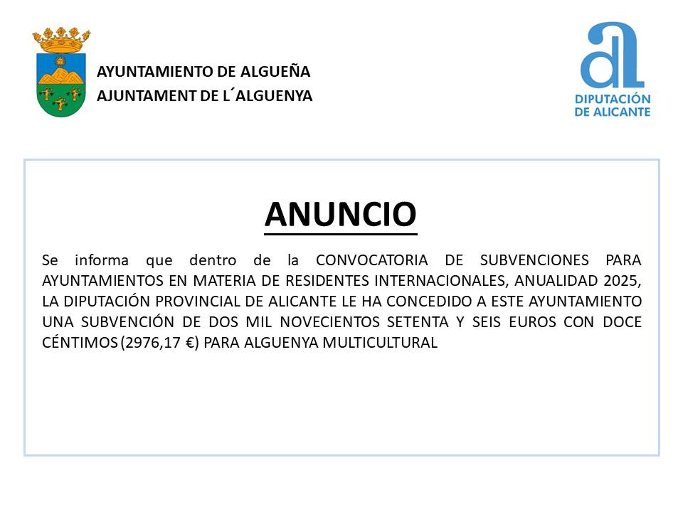 aytoalguenya's tweet image. ANUNCIO - #Subvención otorgada por la @dipuAlicante en materia de residentes internacionales - Anualidad 2025 - "Algueña Multicultural", destinado a curso de español.
@aytoalguenya #Algueña #lAlguenya