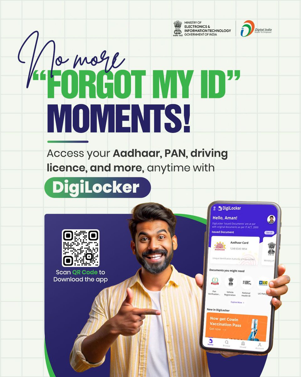 National e-Governance Division (@negd_goi) on Twitter photo No more โforgot my IDโ moments! 
With DigiLocker, your important documents like Aadhaar, PAN, driving licence, and educational certificates are always just a tap away.
#DigiLocker #DigitalIndia #eGovernance #PaperlessIndia #EaseOfLiving #NeGD No more โforgot my IDโ moments! 
With DigiLocker, your important documents like Aadhaar, PAN, driving licence, and educational certificates are always just a tap away.
#DigiLocker #DigitalIndia #eGovernance #PaperlessIndia #EaseOfLiving #NeGD