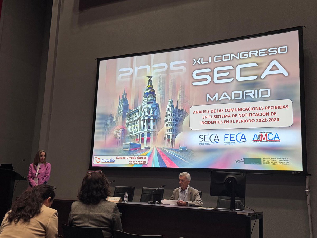 Estamos en el Congreso #SECA25 <a href="/CalidadAsistenc/">SECA ~ Sociedad Española de Calidad Asistencial</a> 

🗣️Susana Urrutia, Farmacéutica Hospitalaria de Mutualia, en la presentación oral:
👉"Análisis de las comunicaciones recibidas en el sistema de notificación de incidentes en el periodo 2022-2024"
#CalidadAsistencial #sepgac