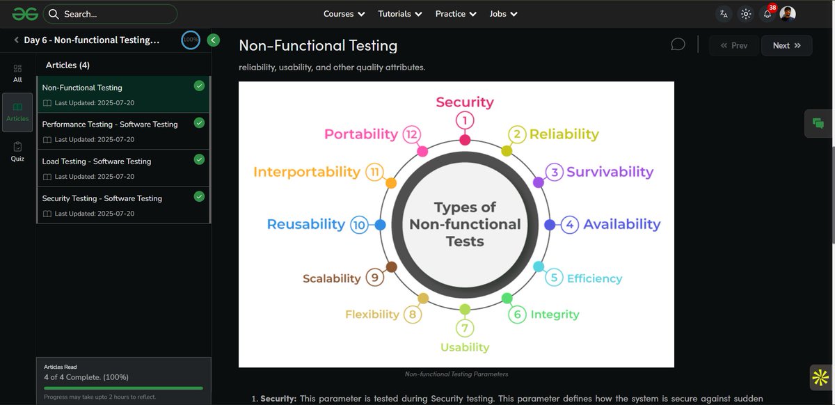 Dhyeychauhan3's tweet image. Day 6 of my #SoftwareTesting SkillUp Journey with
@geeksforgeeks 🚀
Explored #NonFunctionalTesting today ⚙️
Learned about Performance, Load & Security Testing
Tested software behavior conditions
#skillupwithgfg & #nationskillup
NationSkillUp Course 🔗 lnkd.in/gMiiW3_n