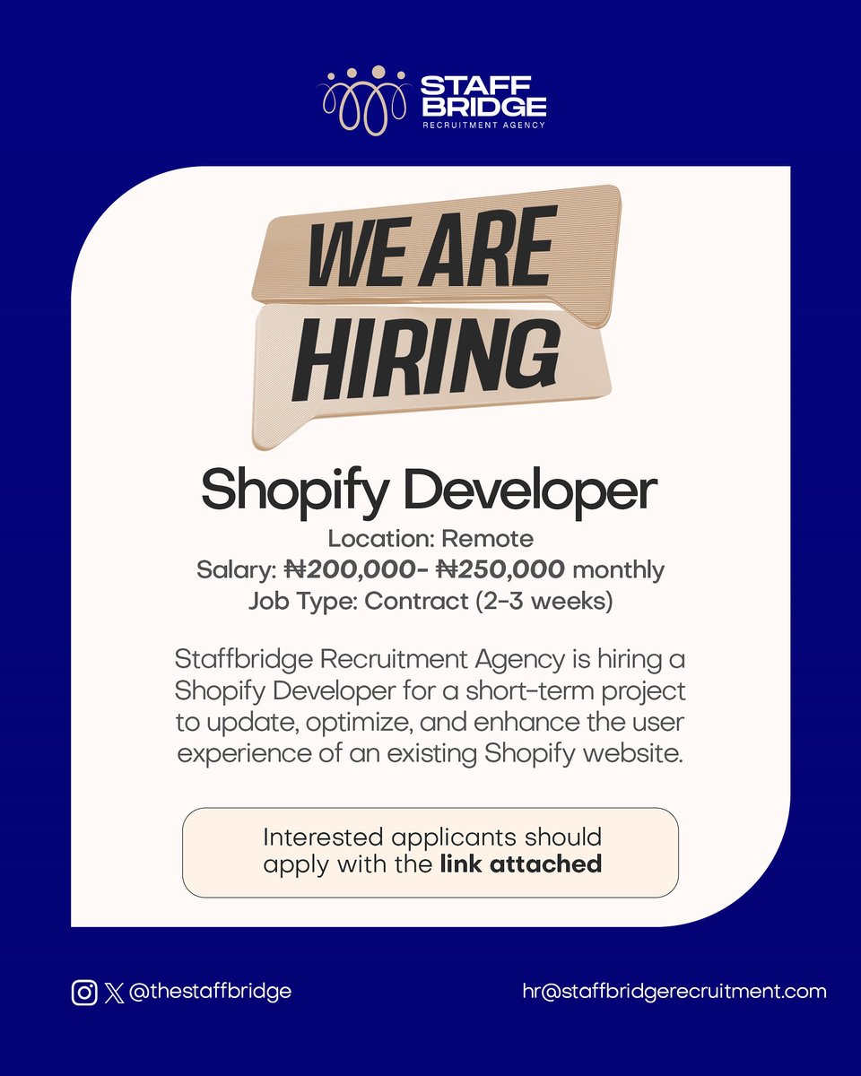 thestaffbridge's tweet image. 🚨 JOB ALERT 🚨
We’re hiring a Shopify Developer (Remote) 💻
💰 ₦200K–₦250K | 2–3 weeks | Contract
Requirements:
✅ Shopify + Liquid experience
✅ HTML/CSS/JS
✅ Payment gateway integrations
Apply here 👉 forms.gle/CMump9JmeUVVJr…
#ShopifyDeveloper #JobAlert #TechJobs