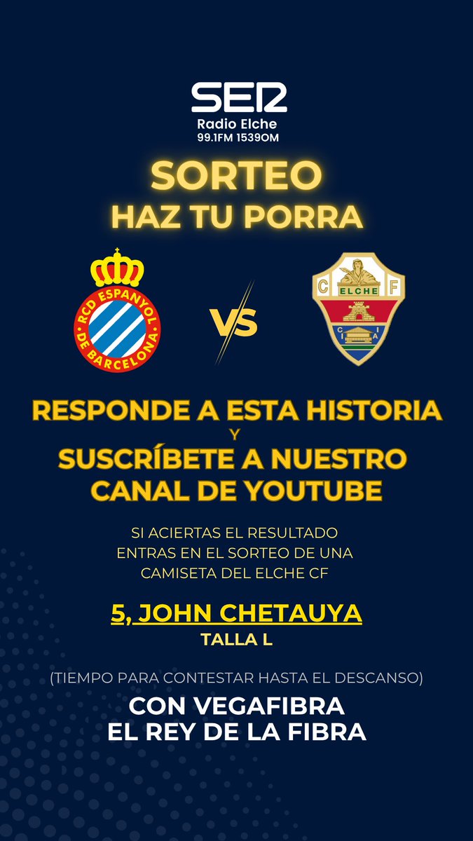 🎁 ¡SORTEO EN MARCHA!

Acierta el resultado del RCD Espanyol 🆚 Elche C.F. y entra en el sorteo de una camiseta de John Chetauya (talla L) 👕⚽

✅ Responde a este post antes del descanso
📻 Organiza <a href="/RadioElcheSER/">Radio Elche Cadena SER</a> <a href="/tvelche/">Elche 7</a> 
🎯 ¡Participa ya y demuestra cuánto sabes de fútbol!