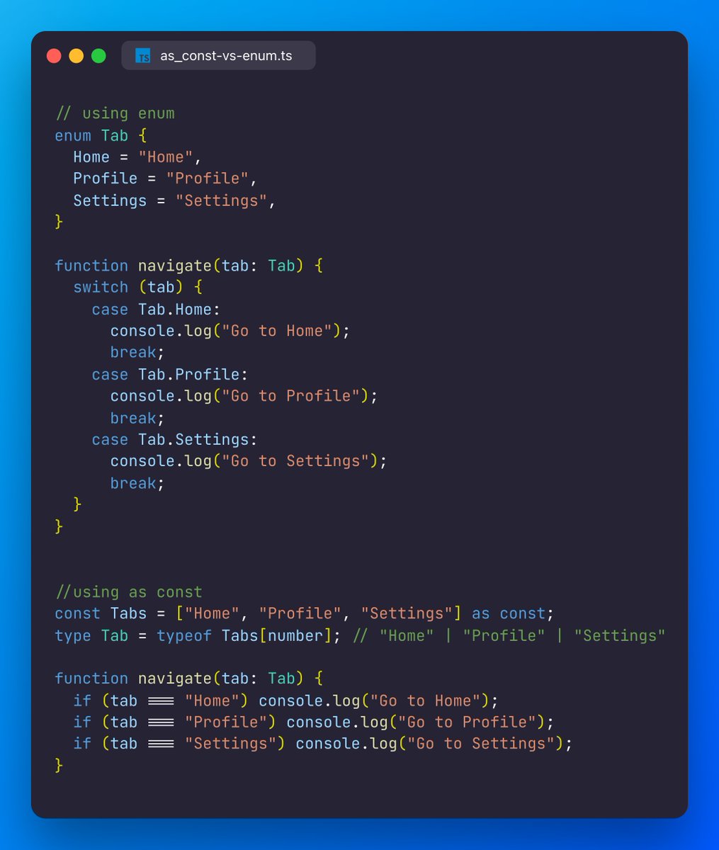 CodeBlitz's tweet image. In #reactjs-ts projects, I had to choose between enum and "as const" for something like tabs many recommend "as const" as the modern typescript approach, type-safe and zero-cost, but I personally find enum simpler and easier to read.
do we always need to follow “best practices”?