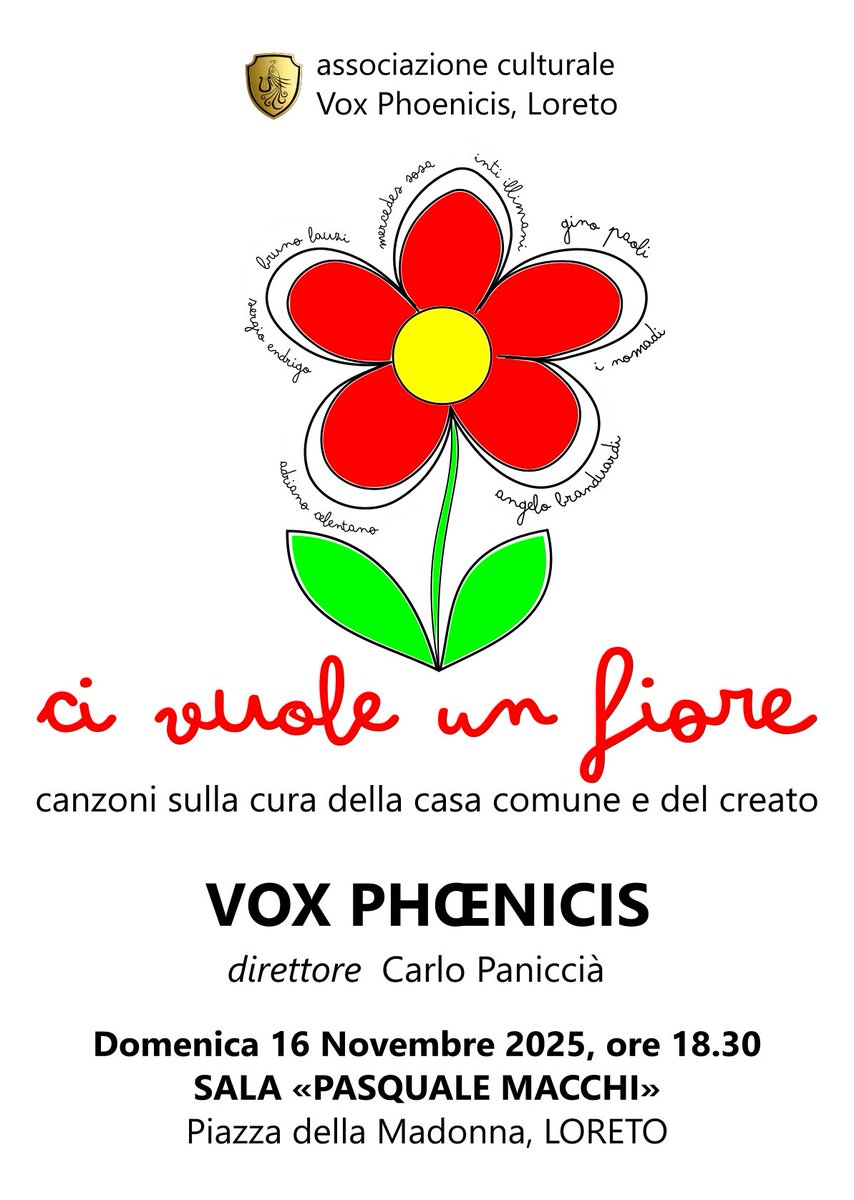 🎶 Ci vuole un fiore - Canzoni sulla cura della casa comune e del creato
 📅16 nov 2025, ore 18.30 |📍 Sala “P.Macchi”, Loreto
Concerto #acappella del <a href="/VoxPhoenicis/">Vox Phoenicis</a> diretto da <a href="/carlo_paniccia/">Carlo Paniccià</a>. Brani celebri italiani e internazionali ispirati alla #LaudatoSi.
 🎟️Ingresso libero 🌿