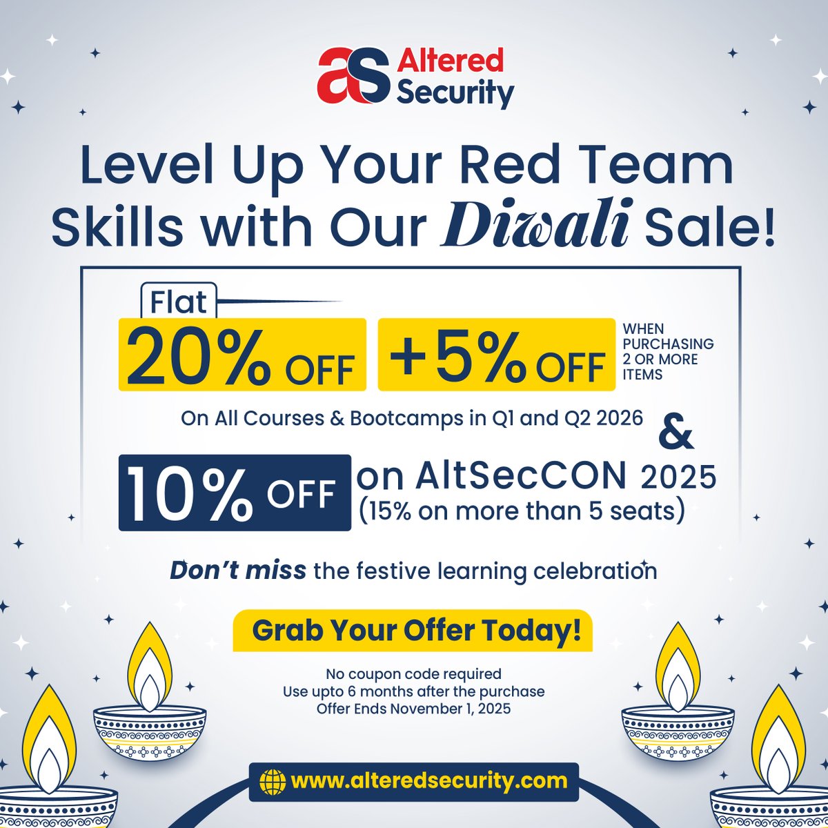 AlteredSecurity's tweet image. Altered Security Diwali Giveaway!

Win FREE access to:
• 1 CRTP seat
• 1 CARTP seat

How to participate:
• Like
• Comment &amp;amp; tag your Red Team buddies!
• Repost

Winners will be randomly announced on October 25, 2025

Our Diwali offers are already live - up to 25% OFF on Red…