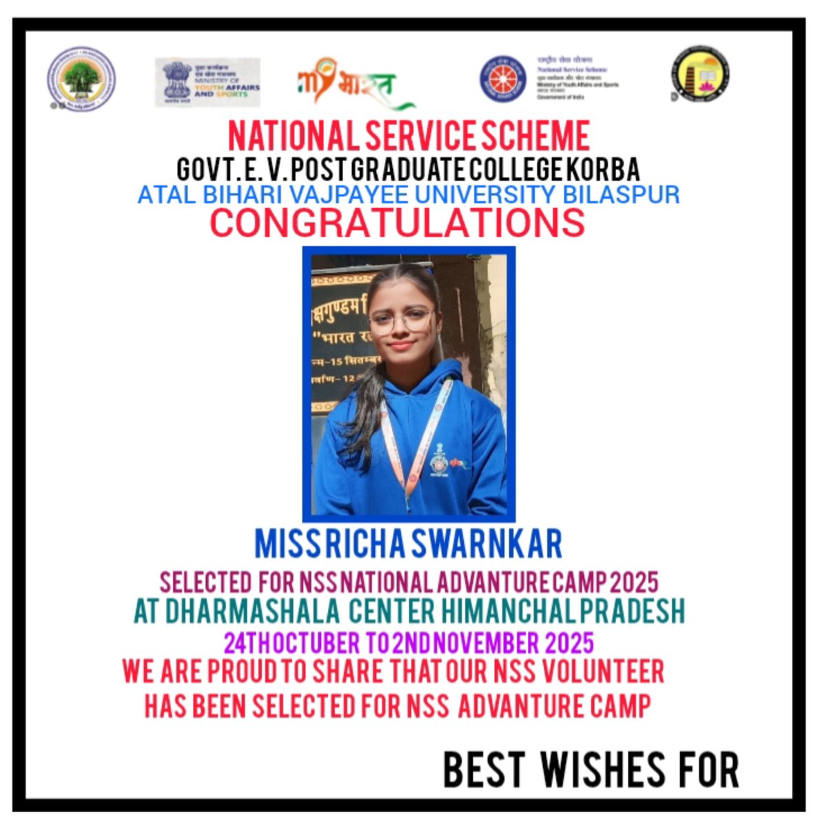#nic2025 के लिए शास इ वि स्ना महा विद्यालय कोरबा संबद्ध <a href="/nssabvuCG/">NSS Atal Bihari Vajpayee Vishvavidhyalaya</a> की #nssvolunteer ऋचा स्वर्णकार का हुआ चयन <a href="/_NSSIndia/">NSS India</a> <a href="/YASMinistry/">YAS Ministry</a> <a href="/nssrddelhi/">Regional Directorate of NSS Delhi</a> <a href="/Rajkumarnss/">राजकुमार वर्मा Rajkumar verma</a> <a href="/NeetaBajpai5/">Neeta Bajpai</a> <a href="/Abvvbilaspurcg/">Atal Bihari Vajpayee Vishwavidyalaya, Bilaspur</a> <a href="/manojsinha812/">Manoj Sinha</a> <a href="/YKTiwari68/">Y. K. Tiwari</a> <a href="/Ajaykpatel04/">Ajay Kumar Patel</a> <a href="/BhartiyaConnect/">Bhartiya Social Connect</a>