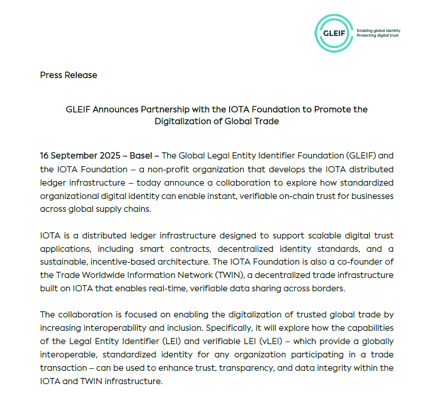 Salimasbegum's tweet photo. 🚀 Who’s taking the lead in GLEIF? 🤔 The question everyone’s asking: IOTA or Chainlink?
The real answer is way juicier — both of them! 😏

GLEIF, the global foundation behind the Legal Entity Identifier (LEI) and its verifiable digital twin (vLEI), has just dealt the cards for the future of on-chain trust:

💎 IOTA takes the real-world side of trade — bringing the vLEI into its network and the TWIN ecosystem to digitize ports, customs, and global supply chains.
💎 Chainlink takes the financial front with CCID and ACE, using the vLEI for automated compliance and institutional-grade tokenization.

Here’s what it means 👇
For the first time, a single verifiable identity standard (vLEI) will bridge the physical world of trade with the digital world of tokenized finance, creating a direct link between supply chains and financial markets.
And maybe — just maybe — this is the beginning of something bigger: a future IOTA + Chainlink collaboration to jointly power the trust, traceability, and digital identity of the next decentralized economy. 🌐

Two alliances, one global standard of trust. 🌍
In less than a month, both partnership agreements have been signed.
📜 GLEIF x IOTA (Sep 16, 2025)
📜 GLEIF x Chainlink (Oct 1, 2025)

🗣️ Word in the halls is that IOTA is moving fast from announcements to action — and we might not have to wait long to see it. ⚡
#IOTA #Chainlink #GLEIF #vLEI #RWA #DID #CCID #ACE
