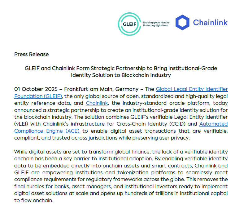 Salimasbegum's tweet photo. 🚀 Who’s taking the lead in GLEIF? 🤔 The question everyone’s asking: IOTA or Chainlink?
The real answer is way juicier — both of them! 😏

GLEIF, the global foundation behind the Legal Entity Identifier (LEI) and its verifiable digital twin (vLEI), has just dealt the cards for the future of on-chain trust:

💎 IOTA takes the real-world side of trade — bringing the vLEI into its network and the TWIN ecosystem to digitize ports, customs, and global supply chains.
💎 Chainlink takes the financial front with CCID and ACE, using the vLEI for automated compliance and institutional-grade tokenization.

Here’s what it means 👇
For the first time, a single verifiable identity standard (vLEI) will bridge the physical world of trade with the digital world of tokenized finance, creating a direct link between supply chains and financial markets.
And maybe — just maybe — this is the beginning of something bigger: a future IOTA + Chainlink collaboration to jointly power the trust, traceability, and digital identity of the next decentralized economy. 🌐

Two alliances, one global standard of trust. 🌍
In less than a month, both partnership agreements have been signed.
📜 GLEIF x IOTA (Sep 16, 2025)
📜 GLEIF x Chainlink (Oct 1, 2025)

🗣️ Word in the halls is that IOTA is moving fast from announcements to action — and we might not have to wait long to see it. ⚡
#IOTA #Chainlink #GLEIF #vLEI #RWA #DID #CCID #ACE
