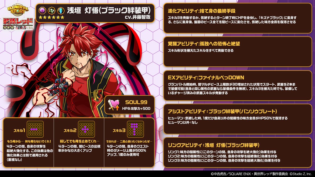 ＼ #エレスト × #異世界レッド ／

「戦隊レッド 異世界で冒険者になる」コラボ限定キャラクター「★6 浅垣 灯悟(ブラック絆装甲)」を紹介するよ！
CVは #井藤智哉 さん！💬
仲間の危機に捨て身の覚悟で「キズナブラック」へと変身するその姿は、まさに「深き執着の戦士」…！😎