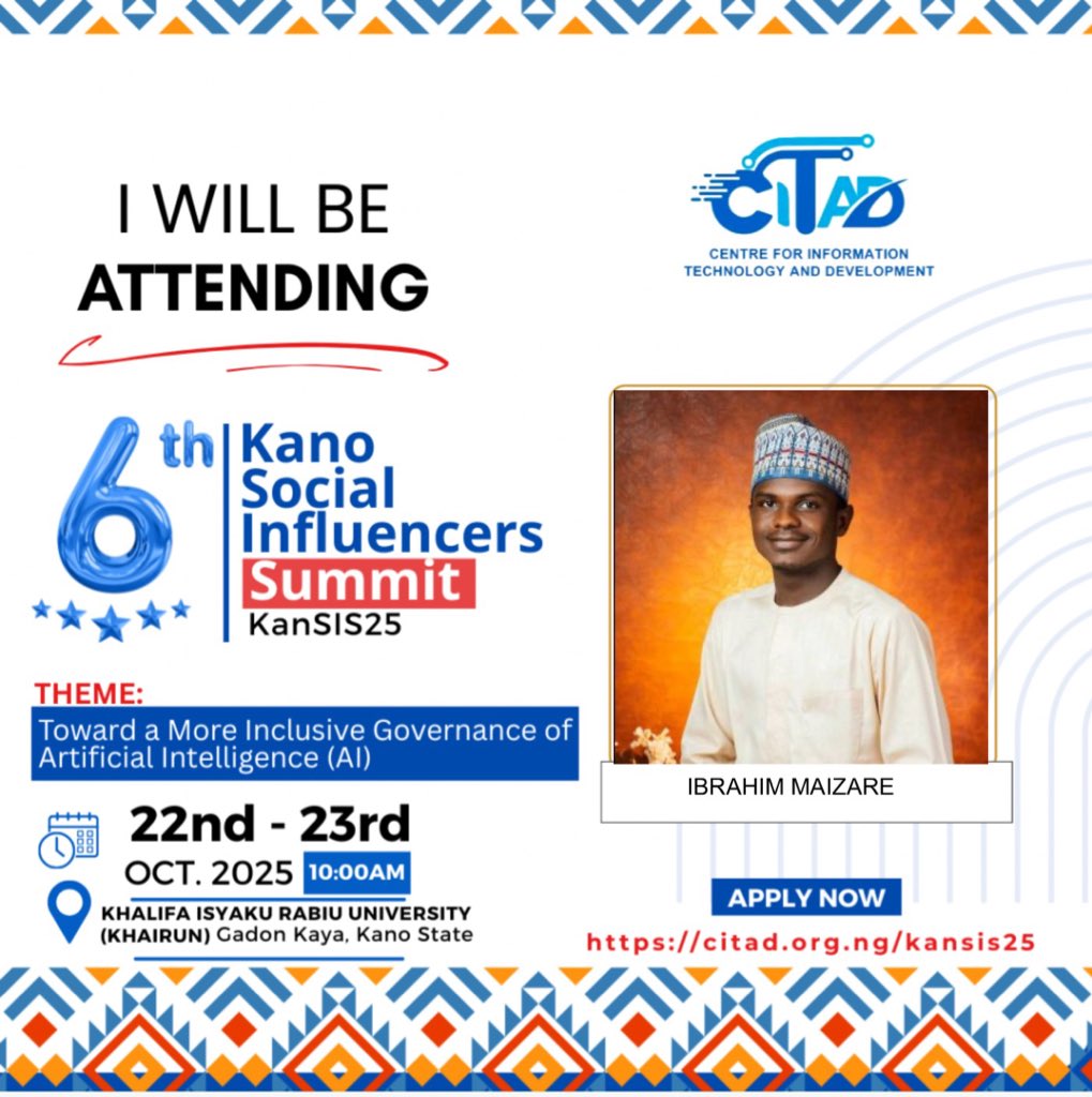 Attending the 6th <a href="/ICTAdvocates/">CITAD</a> KANSIS at <a href="/KhairUniversiti/">Khalifa Isyaku Rabiu University</a>, Kano. Theme: Towards a More Inclusive Governance of Artificial Intelligence (AI). 
#CITAD #KanSIS25 #AIinclusion #Kano #Nigeria