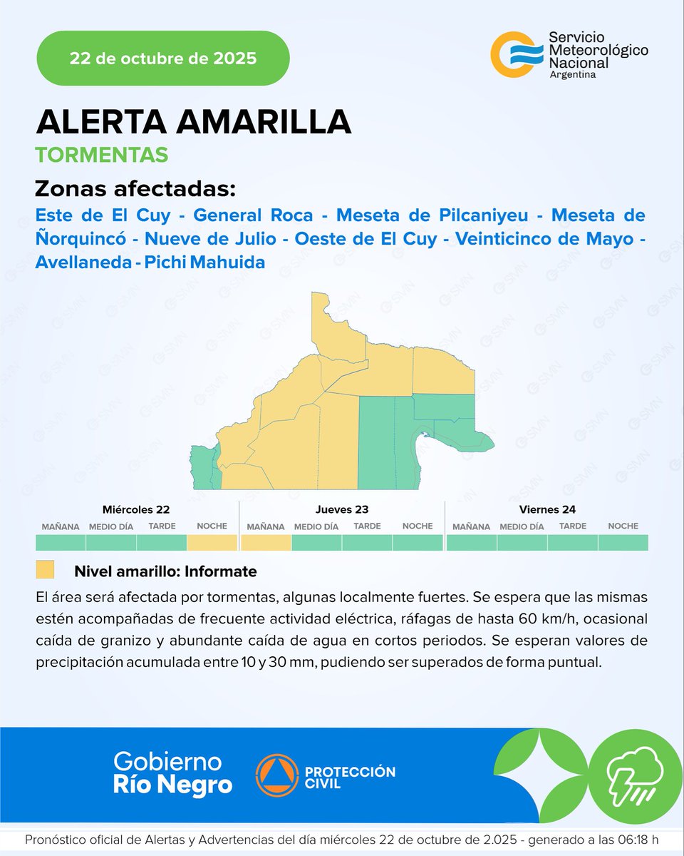 Miércoles 22 de octubre | ⛈️ Alerta Amarilla por Tormentas en las Zonas de Este de El Cuy; General Roca; Meseta de Ñorquinco; 9 de Julio; Oeste de El Cuy; 25 de Mayo; Avellaneda; y Pichi Mahuida