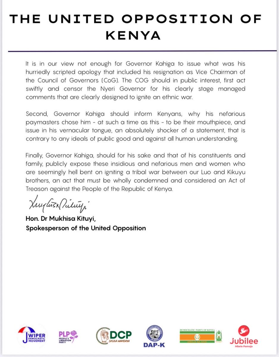 Press Statement by the United Opposition on Nyeri Governor Mutahi Kahiga’s Statement &amp; Subsequent Apology | 22nd October 2025.