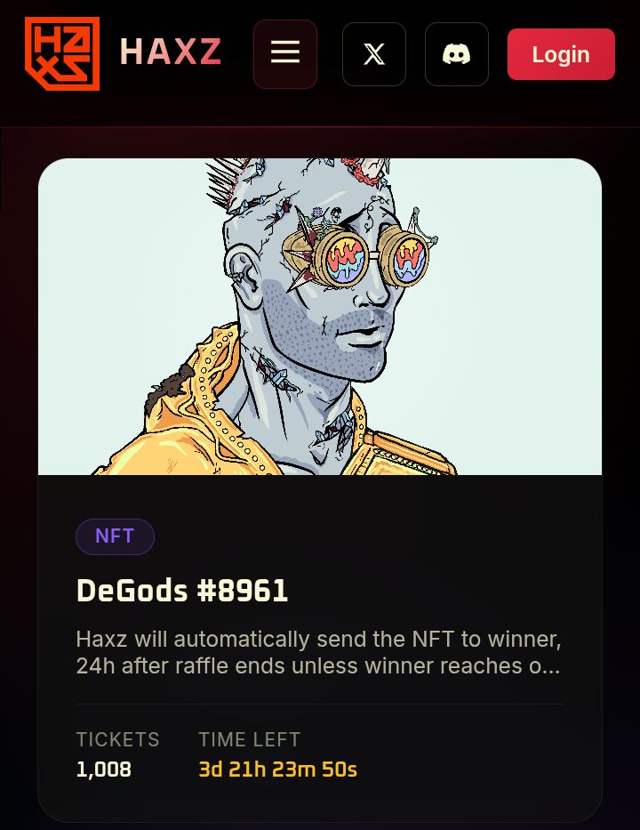 Gm Degens you still have time to grab a Haxz and join the raffles current raffles for monthly staking are Sensei, Degods,and Frogana jump in today stake your Haxz earn points and buy tickets more rewards coming any questions jump in the discord 
discord.gg/haxz